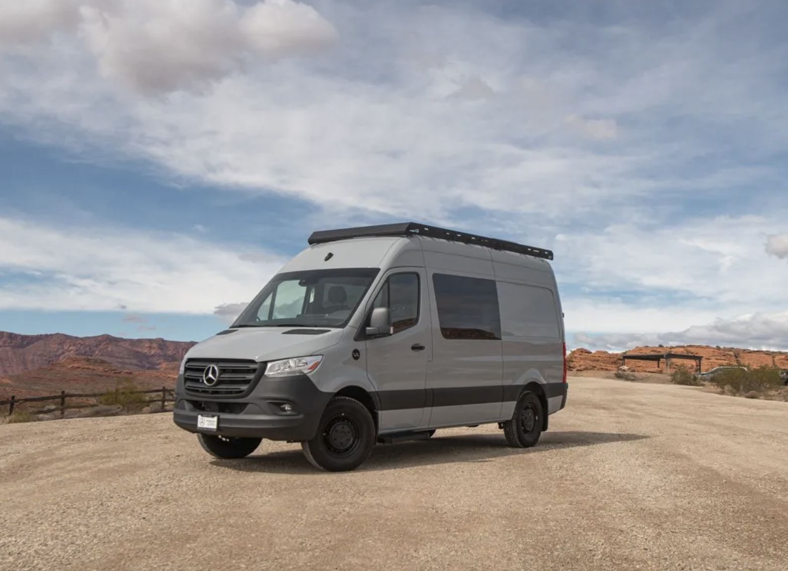A Guide Mobility Sprinter parked on a gravel overlook in the red rock country outside St. George, Utah.
