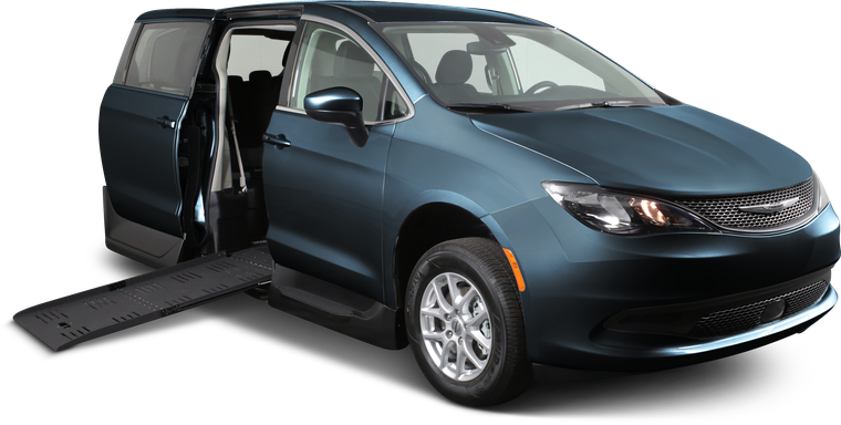 Chrysler Voyager in profile with the sliding side door open and the in-floor ramp extended to the ground.