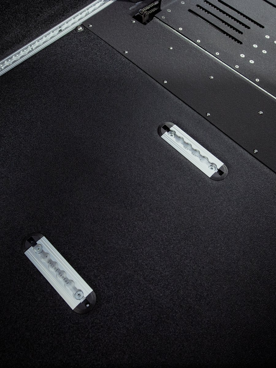 Close view of two recessed securement fittings set flush into the lowered floor, beside an aluminium L-track rail.